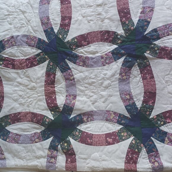 Vintage Full-Size Quilt Double Wedding Rings + 2 Pillow Shams (Colcha) - Picture 2 of 12